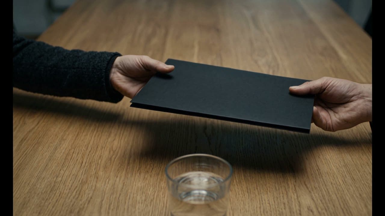 A folder handed across a wooden table.