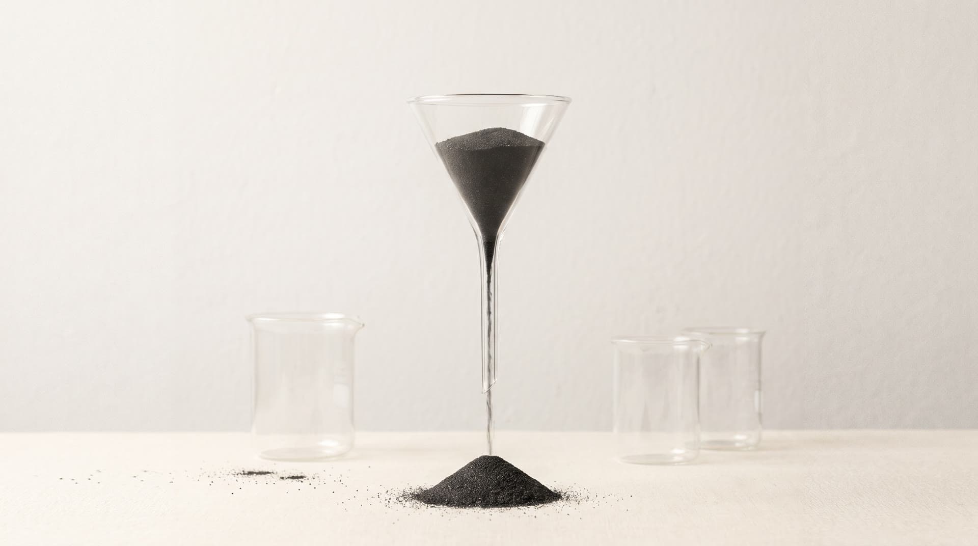 An hourglass of dark sand running out on a white table.