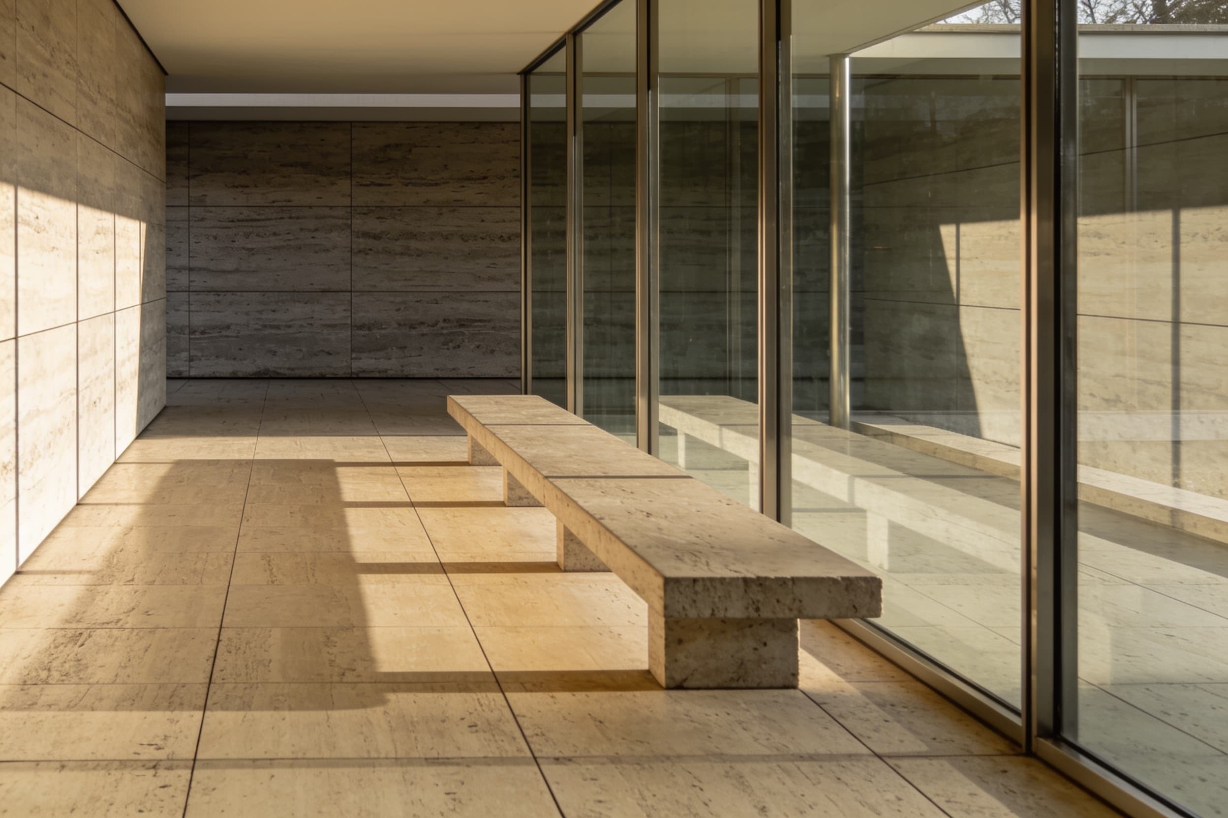 A travertine atrium with a long empty stone bench.