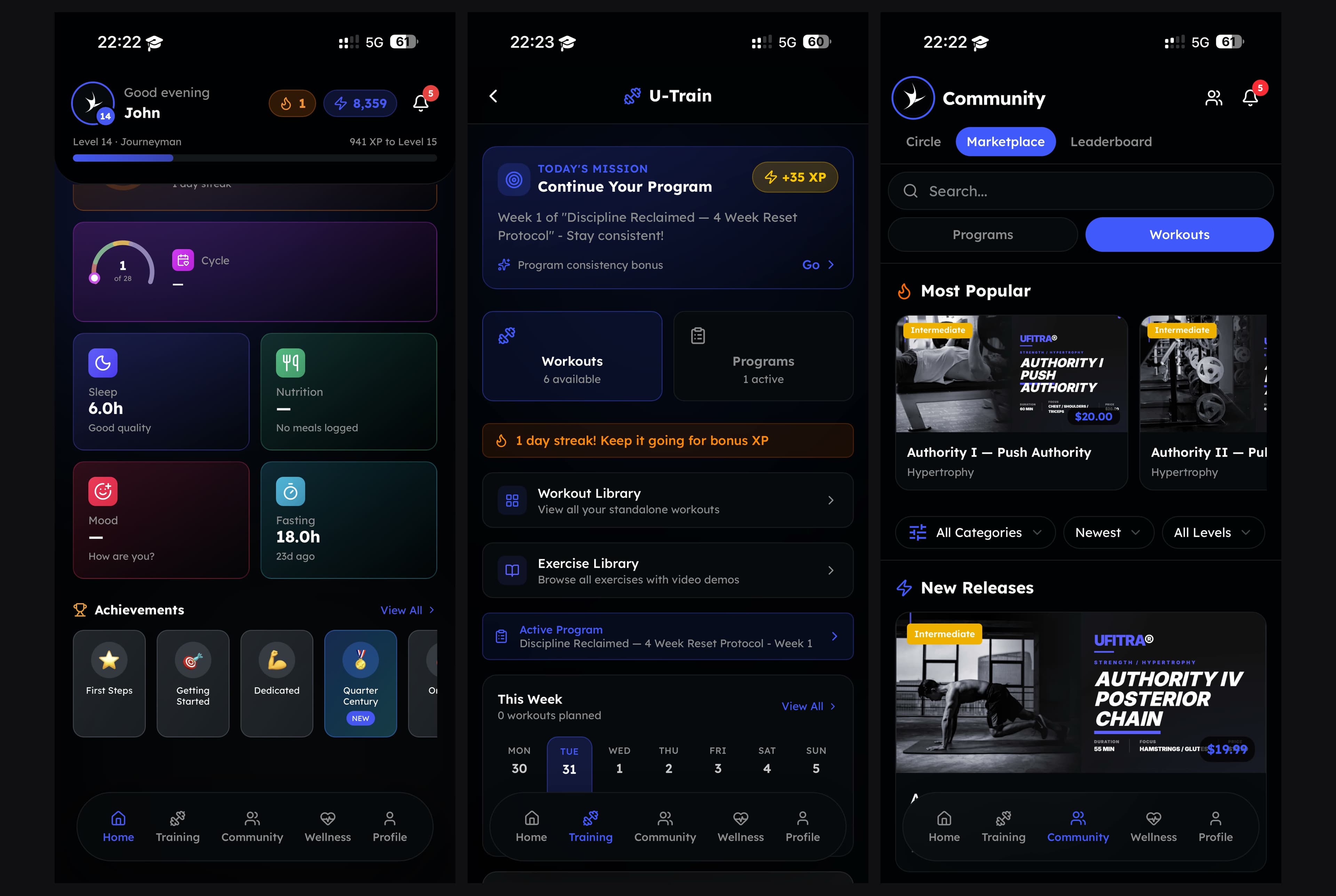 Three screens of the UFITRA fitness platform: home, training, and marketplace.